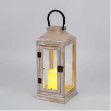 Фонарь декоративный со свечкой, корпус из дерева, бежевый, 15х15х38cм, теплый белый NEON-NIGHT